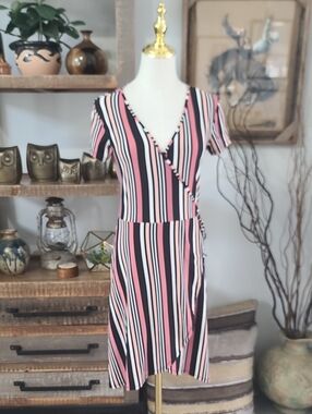 Bobbie Brooks Pink, Black & White Striped Faux Wrap Midi Dress